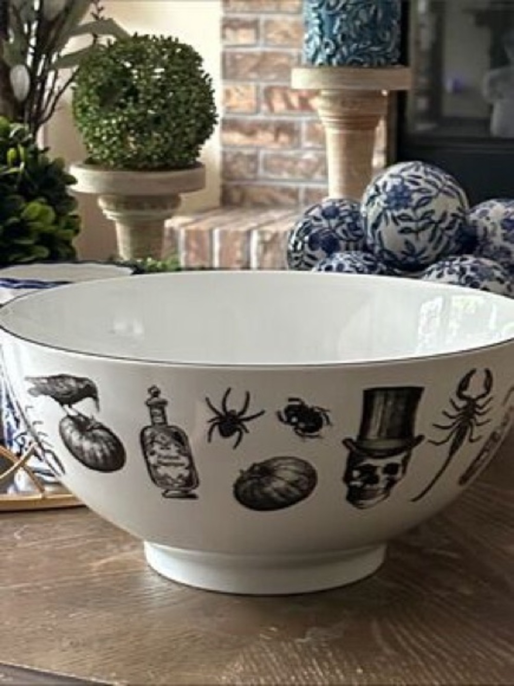 White Ceramic Serving Bowl with Black Gothic Motif